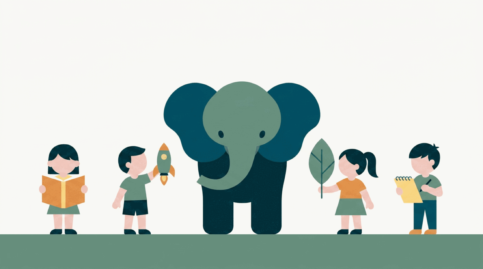 An illustration: four children stand along a green ground line — one reading a book, one holding up a toy rocket, one holding a leaf, one writing in a notepad — with a large calm elephant standing among them.