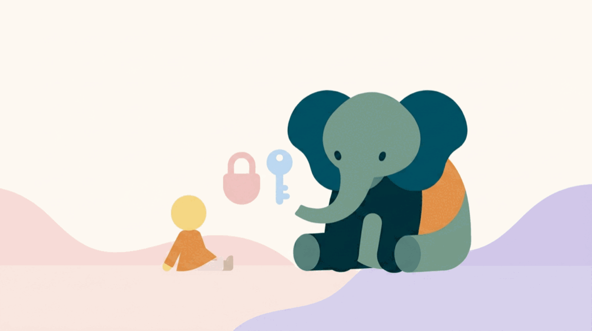 An illustration: a child sitting on the ground facing a seated elephant, with a padlock and a key floating between them.