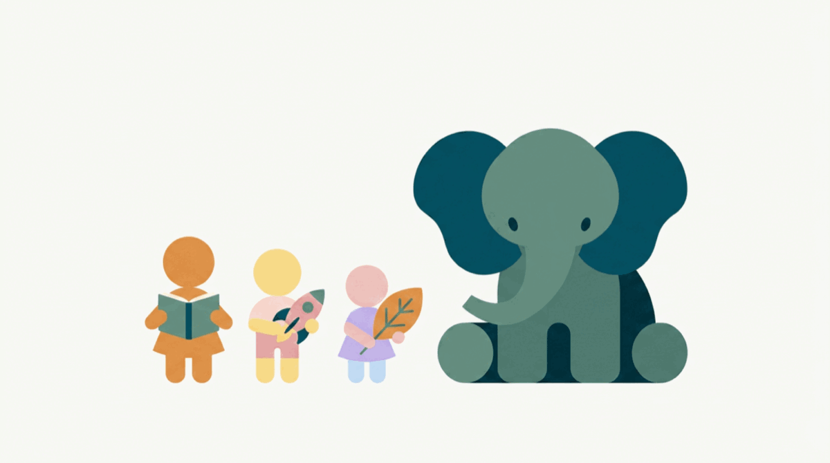 An illustration: three small children — one reading, one holding a rocket, one holding a leaf — standing beside a seated elephant.