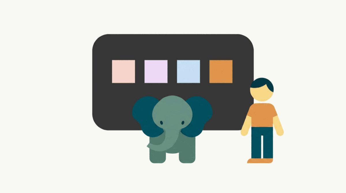An illustration: an adult and an elephant standing in front of a dark board holding four coloured cards.