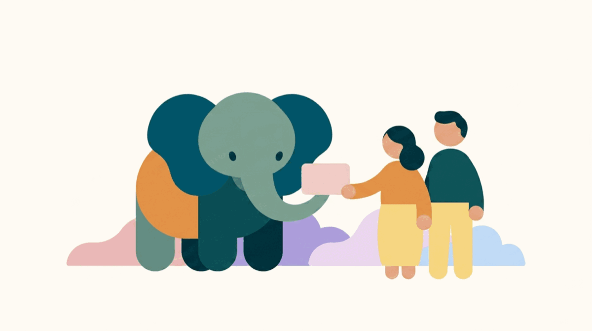 An illustration: an elephant handing a small card to two adults standing together.