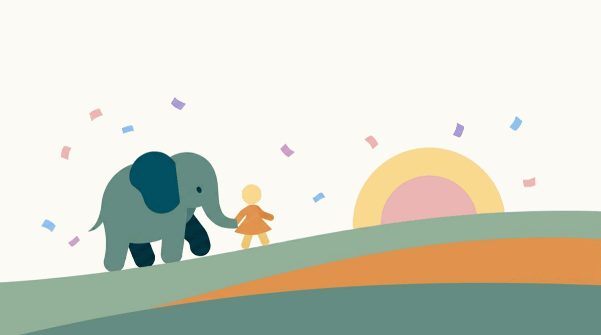 An illustration: an elephant and a child walking hand in hand over green hills towards a rising sun.