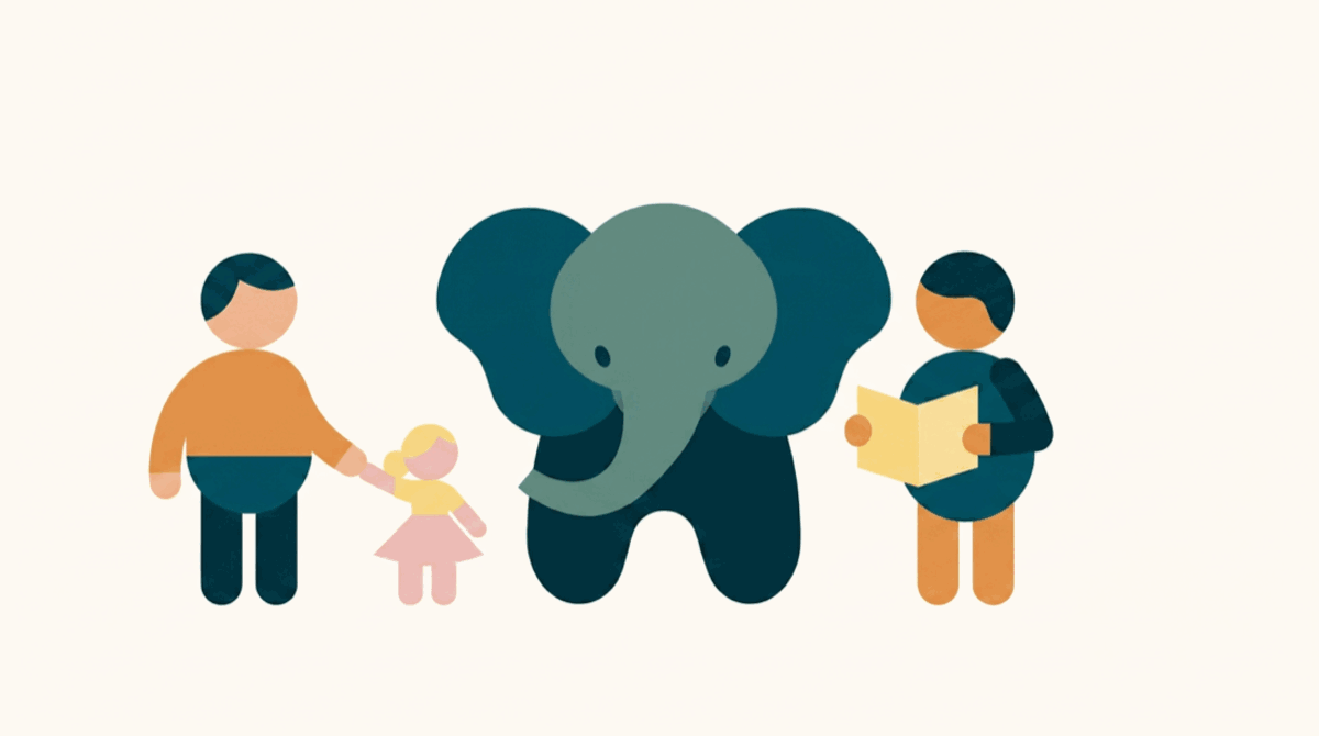 An illustration: a parent holding a small child's hand on one side, a teacher holding an open book on the other, and an elephant standing between them.