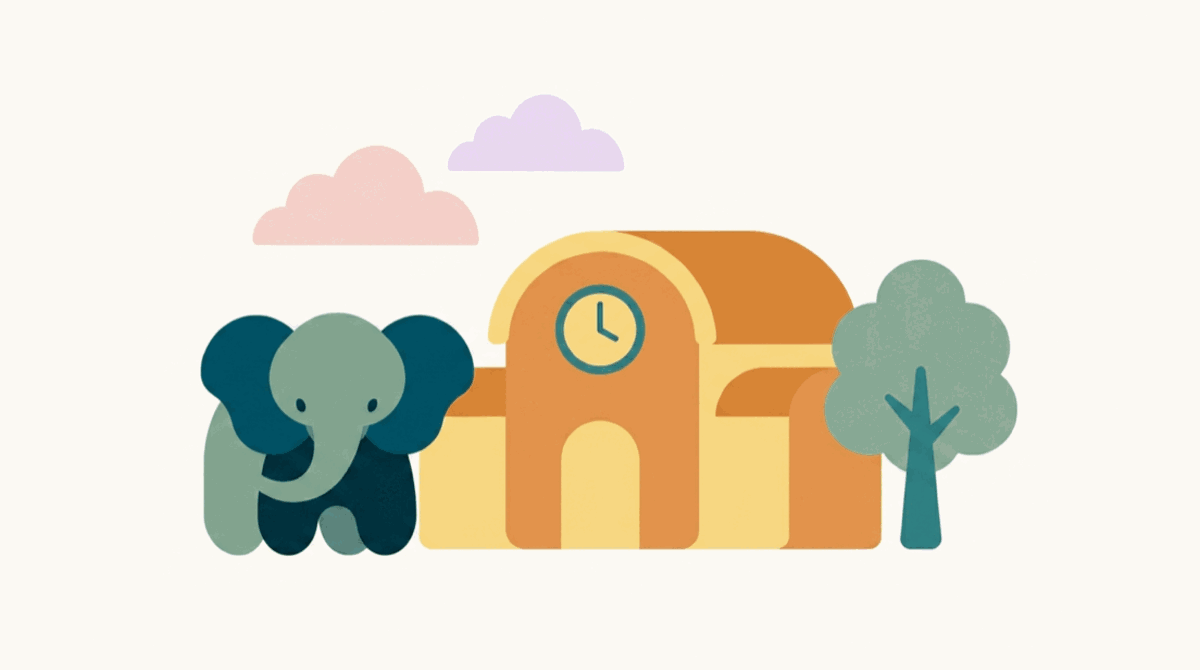 An illustration: an elephant standing beside a school building with a clock tower, a tree and two clouds.