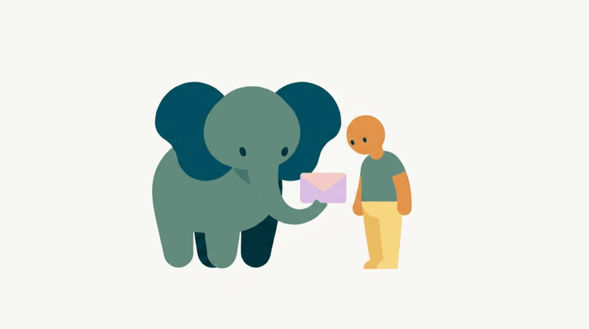 An illustration: an elephant handing an envelope to an adult standing beside it.